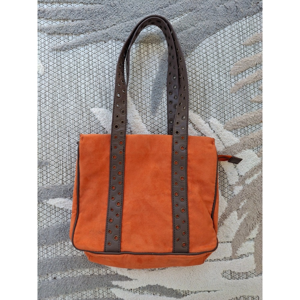 Bath & Body Works Womens Medium Tote Bag Orange Faux Suede Grommet Straps Boho